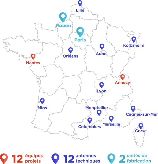 Carte de France lieux des équipes et antennes technique et unités de fabricatio